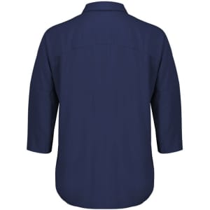 A navy blue women's blouse with 3/4 sleeves and a classic collar, featuring a smooth back design.