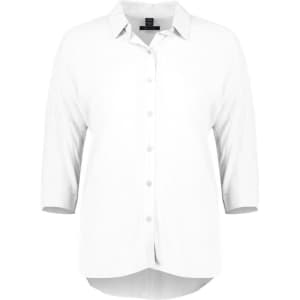 A white women's blouse with 3/4 sleeves and a button-up front. It features a collar and a curved hemline.