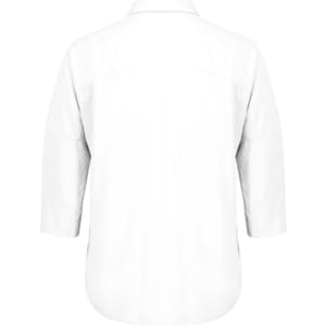 A white women's blouse with 3/4 sleeves and a back yoke detail, featuring a subtle logo.