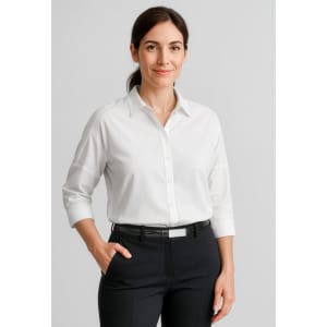 A white 3/4 sleeve blouse with a collared neckline, paired with black trousers. The model is wearing a belt.