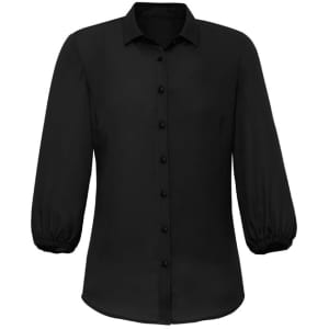A black 3/4 sleeve blouse with buttons and a collar, featuring puffed sleeves.
