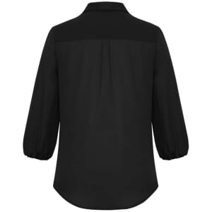 A black women's blouse featuring a 3/4 sleeve design and a back pleat detail. It has a collar and a simple, elegant style.