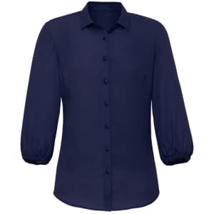 Navy women's blouse with 3/4 sleeves and a button-up front design. Features a collar and gathered sleeve details.