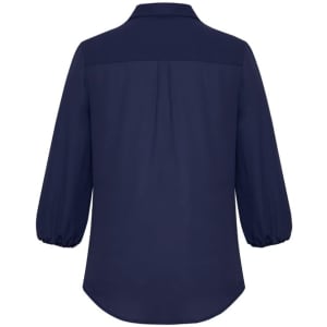 A navy blue women's blouse with 3/4 sleeves and a relaxed fit at the back, featuring a simple design.