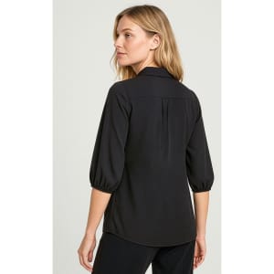 A black women's blouse with 3/4 sleeves, featuring a fitted design and a back pleat. It includes a logo.