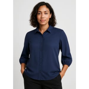 A navy blue women's blouse with 3/4 sleeves, featuring a button-down front and a collar.