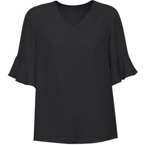A black fluted sleeve blouse with a V-neck design. The blouse features stylish ruffled sleeves and has a logo.