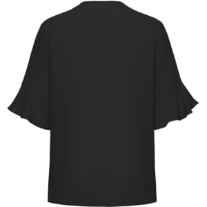 A black women's blouse featuring fluted sleeves, designed for a stylish, relaxed fit. Includes a logo on the back.