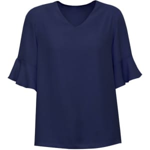A navy blue women's blouse featuring fluted sleeves and a V-neck design. The blouse has a smooth fabric finish and a branding logo.