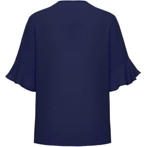 A navy blue women's blouse with fluted sleeves and a simple back design. Features a branding logo.