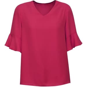 A bright pink blouse with fluted sleeves and a V-neck design. The garment has a simple, elegant silhouette.