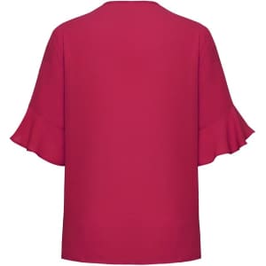 A red blouse with fluted sleeves, featuring a simple back design. It has a smooth fabric and a relaxed fit.