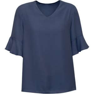 A navy fluted sleeve blouse with a V-neck design, featuring soft, flowing sleeves and a relaxed fit.