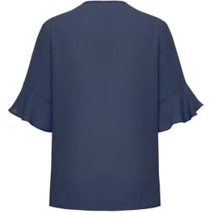 A navy women's blouse with fluted sleeves, featuring a simple, elegant design and a back view.