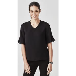 A black women's blouse with fluted sleeves and a V-neckline, featuring a model standing against a plain background.