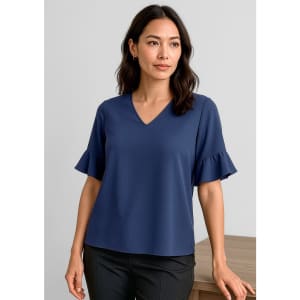 A navy blue women's blouse featuring fluted sleeves and a V-neck design, displayed on a model against a neutral background.