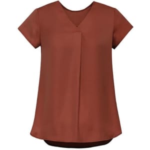 A brown women's V-neck pleat blouse with short sleeves, featuring a loose fit and no visible branding.