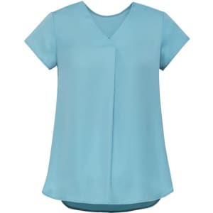 A light blue women's pleat blouse with a V-neck and short sleeves, featuring a smooth, flowing fabric.