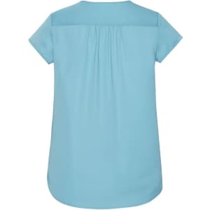 A light blue women's blouse with a V-neck and pleat detailing at the back.