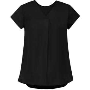 A women's black v-neck pleat blouse with short sleeves and a flowing design, featuring a subtle brand logo.