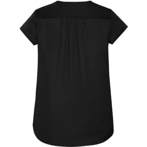 A black women's blouse featuring a V-neck and pleat detailing at the back. The design includes short sleeves.