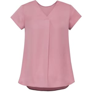A pink women's V-neck blouse with short sleeves and a pleat detail, featuring a simple, elegant design.