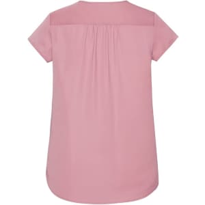 A pink women's V-neck blouse with short sleeves and pleat detailing at the back. The design is simple and elegant.