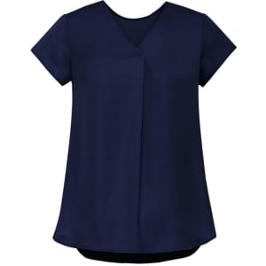 A navy blue women's V-neck pleat blouse with short sleeves and a relaxed fit. It has a minimalistic design and a logo.