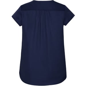 A women's navy blue V-neck pleat blouse with short sleeves and a pleated back detail. It features a branding logo.