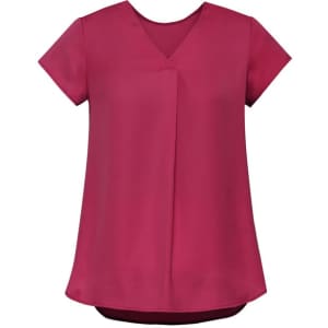A women's blouse in a deep pink colour featuring a V-neck and pleat detail, with short sleeves and a loose fit.