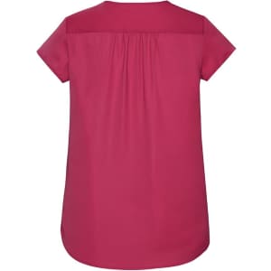 A pink women's blouse featuring a V-neck and pleat design at the back, suitable for casual wear.