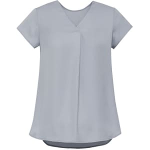 A light blue women's V-neck pleat blouse with short sleeves and a flowy design. It features a branding logo.