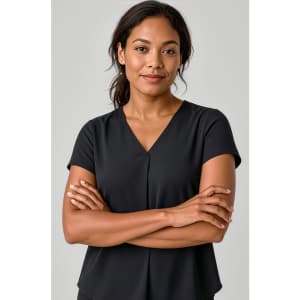 A black women's V-neck pleat blouse with short sleeves, featuring a relaxed fit and an understated design.