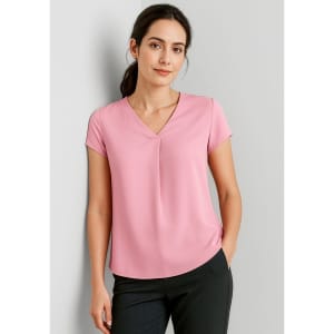 A pink women's V-neck pleat blouse with short sleeves, featuring a relaxed fit and subtle pleat detail.