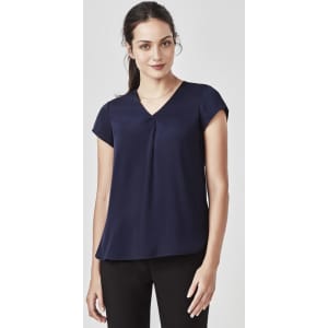 A navy blue women's V-neck blouse with pleat detailing and short sleeves, displayed on a model.