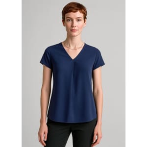 A navy blue V-neck pleat blouse with short sleeves, featuring a subtle pleat detail at the front.