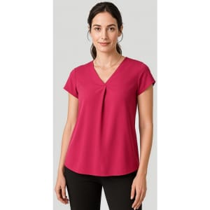 A women's V-neck pleat blouse in vibrant pink, featuring short sleeves and a relaxed fit.
