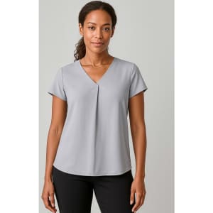 A grey women's blouse featuring a V-neck and pleat design, paired with black trousers, presented on a model.