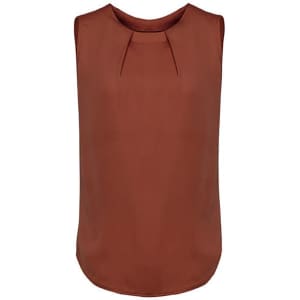 A sleeveless blouse in a rich rust colour featuring pleat detail along the neckline. It has a smooth, flowing cut.