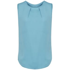 A sleeveless blouse in light blue featuring pleat detail at the front. The design is simple and elegant.
