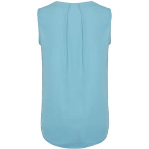 A sleeveless blouse in light blue with pleat detailing at the back. It features a smooth, flowing fabric.