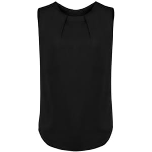 A black sleeveless blouse featuring pleat detail with a rounded hem and a subtle sheen.