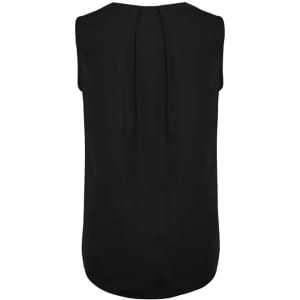 A black sleeveless blouse featuring pleat detail at the back, designed for women's wear. Includes branding.