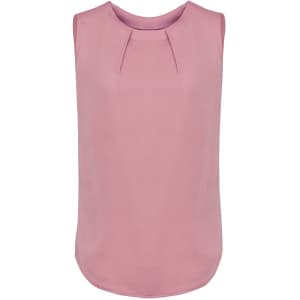 A pink, sleeveless blouse featuring pleat details, with a rounded neckline and a straight hem.