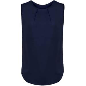 A navy sleeveless blouse with pleat detail at the front, featuring a rounded neckline and a curved hem.