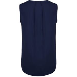 A navy sleeveless blouse with pleat detail at the back, featuring a smooth fabric and rounded hem.