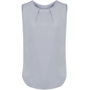 A light blue sleeveless blouse featuring pleat detail at the front and a rounded neckline. Designed with a smooth finish.