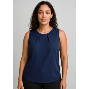 A navy sleeveless blouse featuring pleat detail, displayed on a model against a light grey background.
