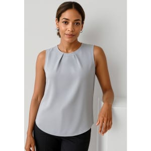 A sleeveless pleat detail blouse in light grey, featuring a round neckline and a relaxed fit.
