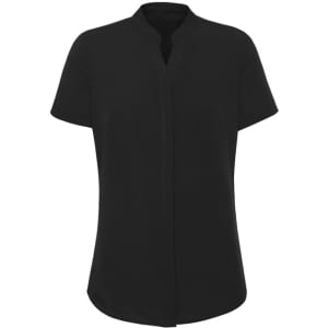 A black women's short sleeve blouse with a collared neckline and a sleek design. It features a logo.